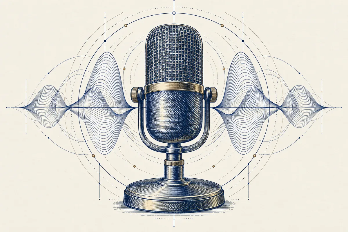 Microfone de rádio com ondas sonoras em gravura azul