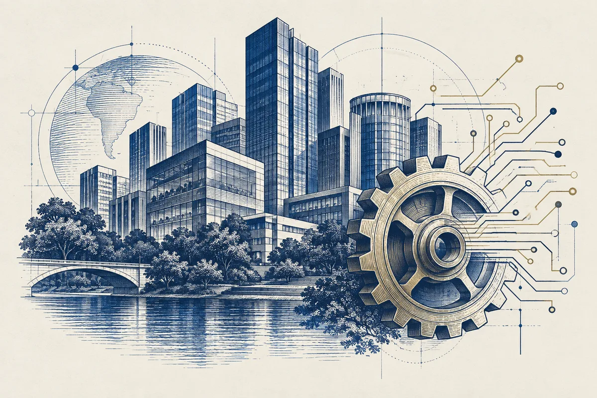 Edifícios e instrumentos de tecnologia em gravura azul