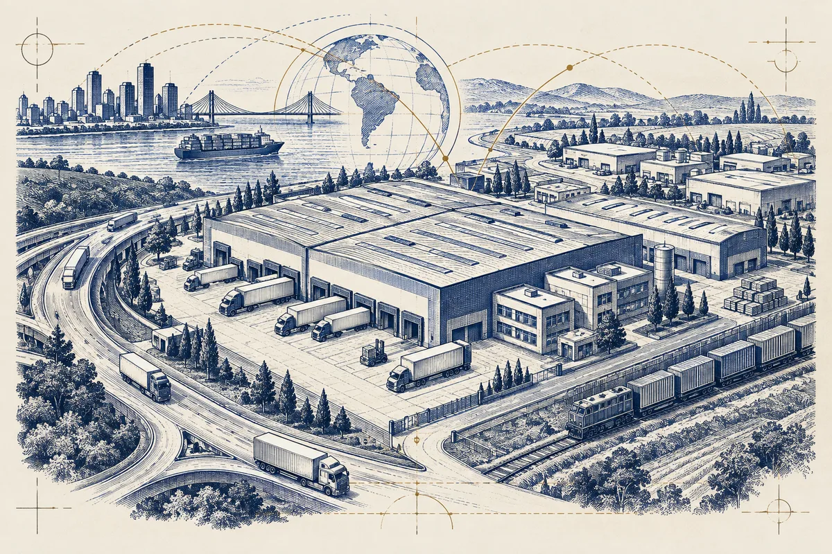 Um centro logístico e conexões em gravura azul