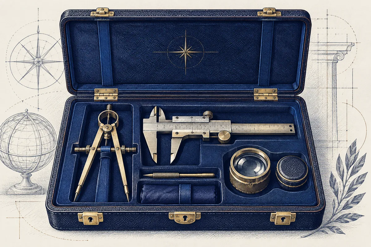 Um estojo de instrumentos de precisão em gravura azul