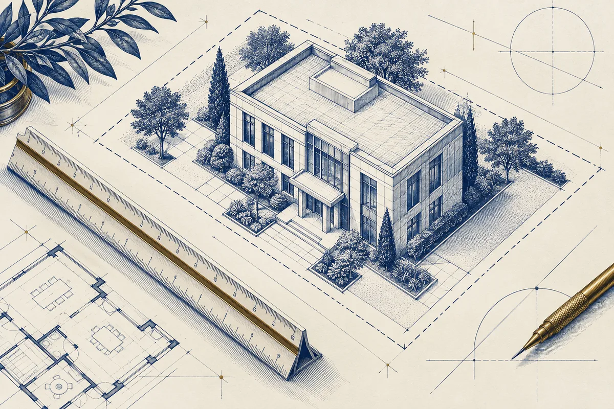 Instrumentos de arquitetura sobre planta em gravura azul