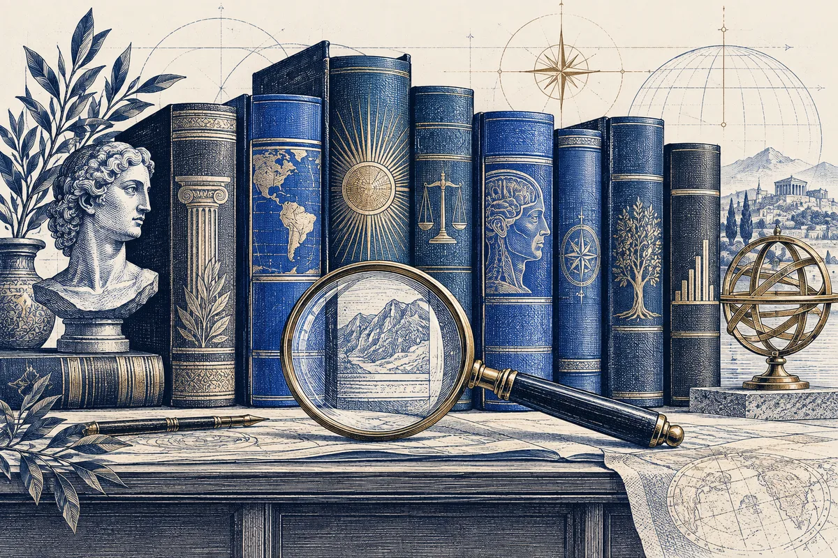 Uma biblioteca com lentes de leitura em gravura azul