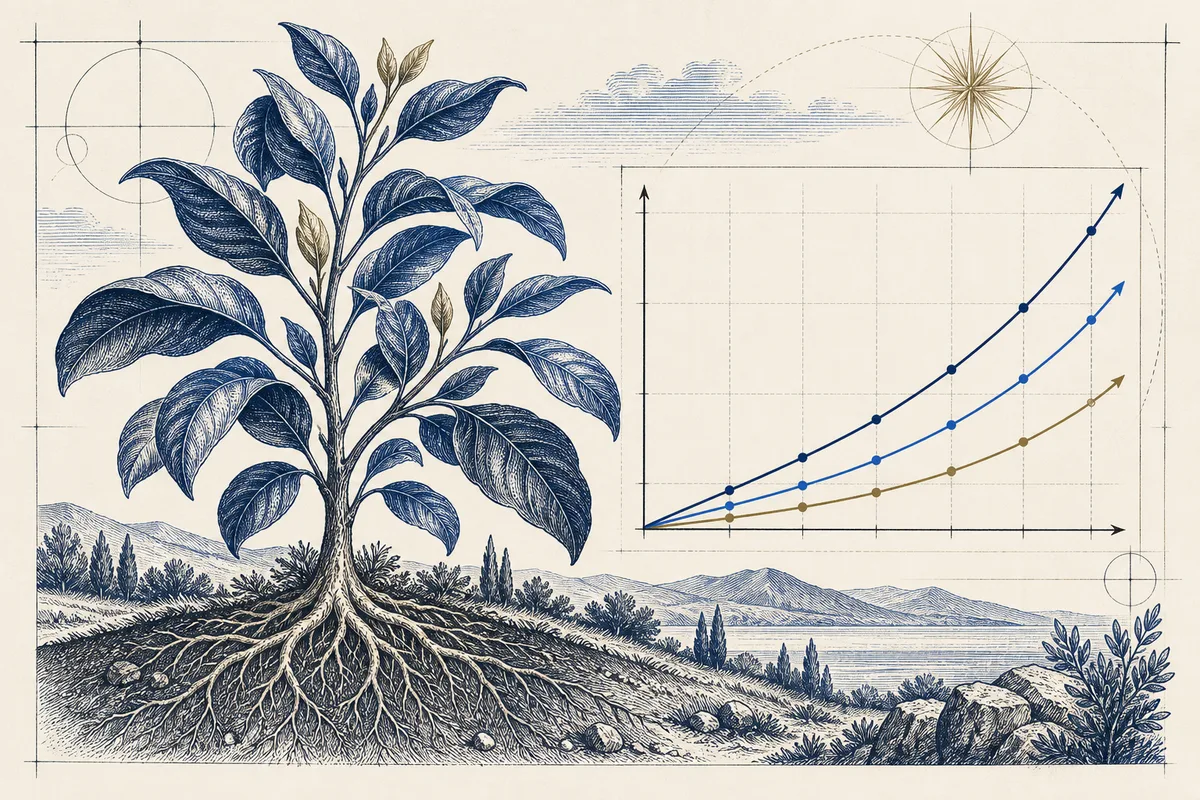 Uma planta de crescimento ao lado de um gráfico em gravura azul