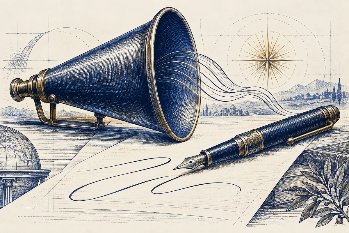 Corneta acústica e caneta em gravura azul