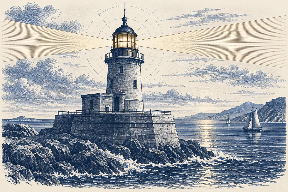 Um farol sobre base de pedra em gravura azul