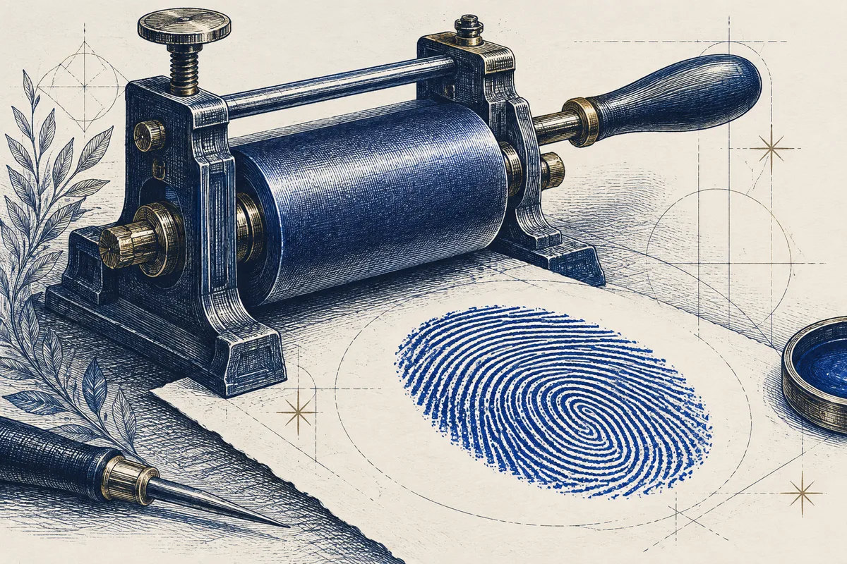 Uma matriz de impressão com impressão única em gravura azul