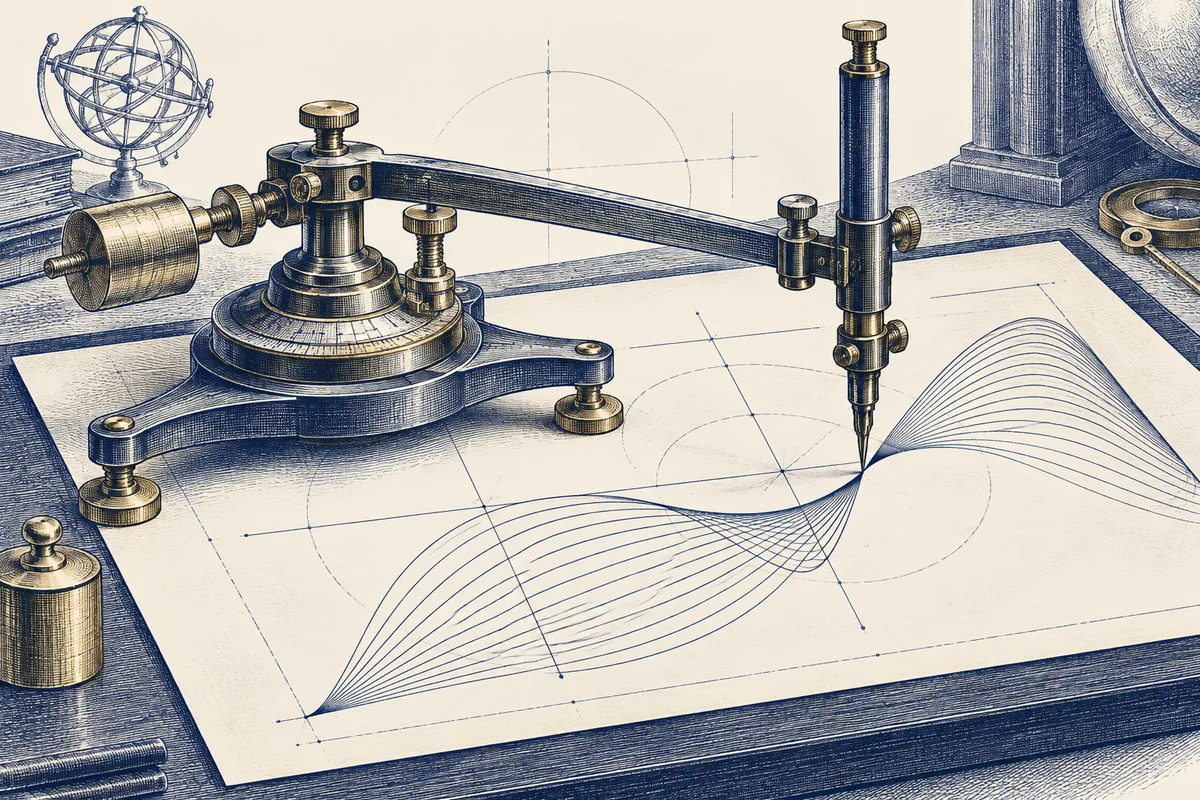 Um instrumento científico e curvas de medição em gravura azul