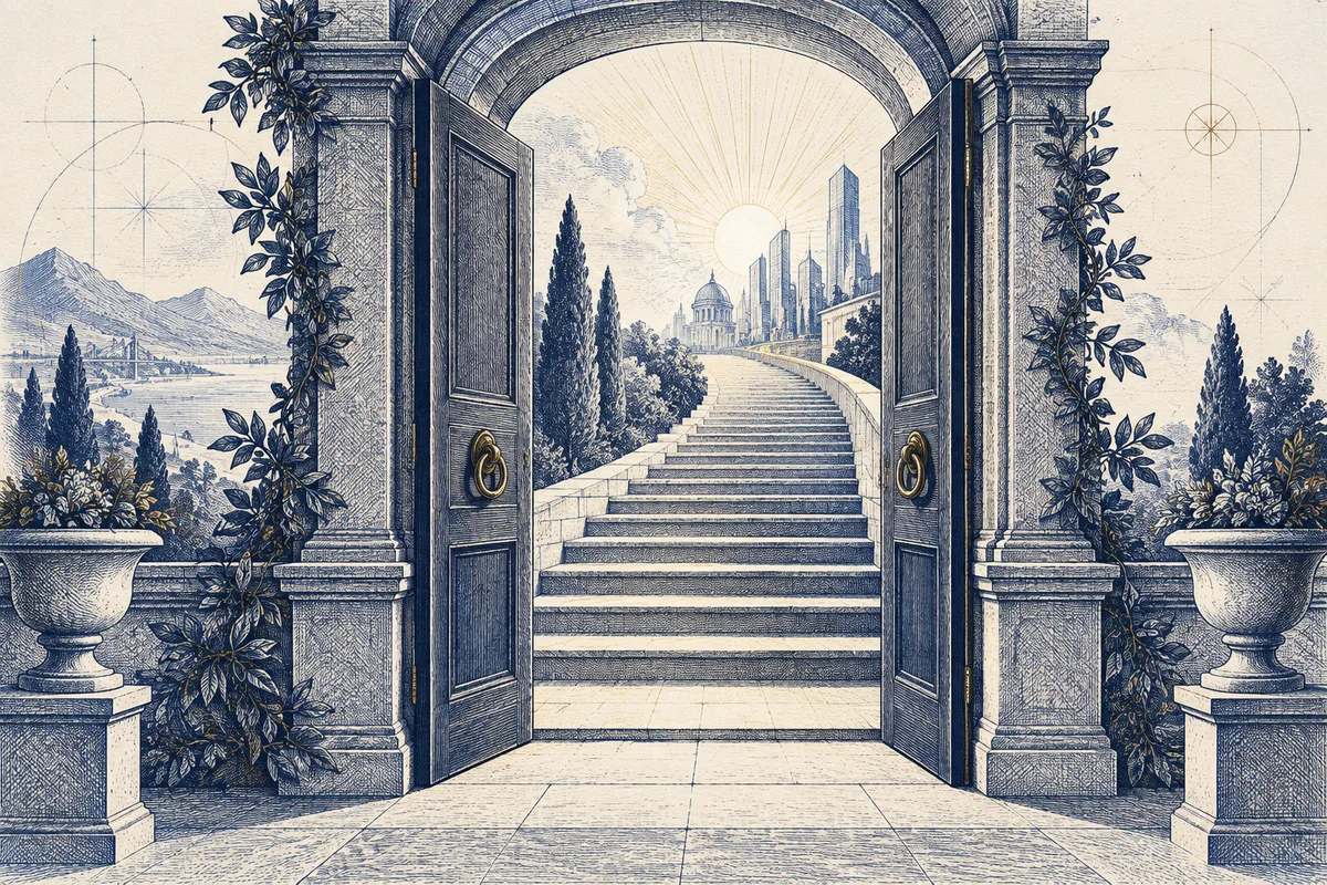 Uma porta com escadaria ao fundo em gravura azul