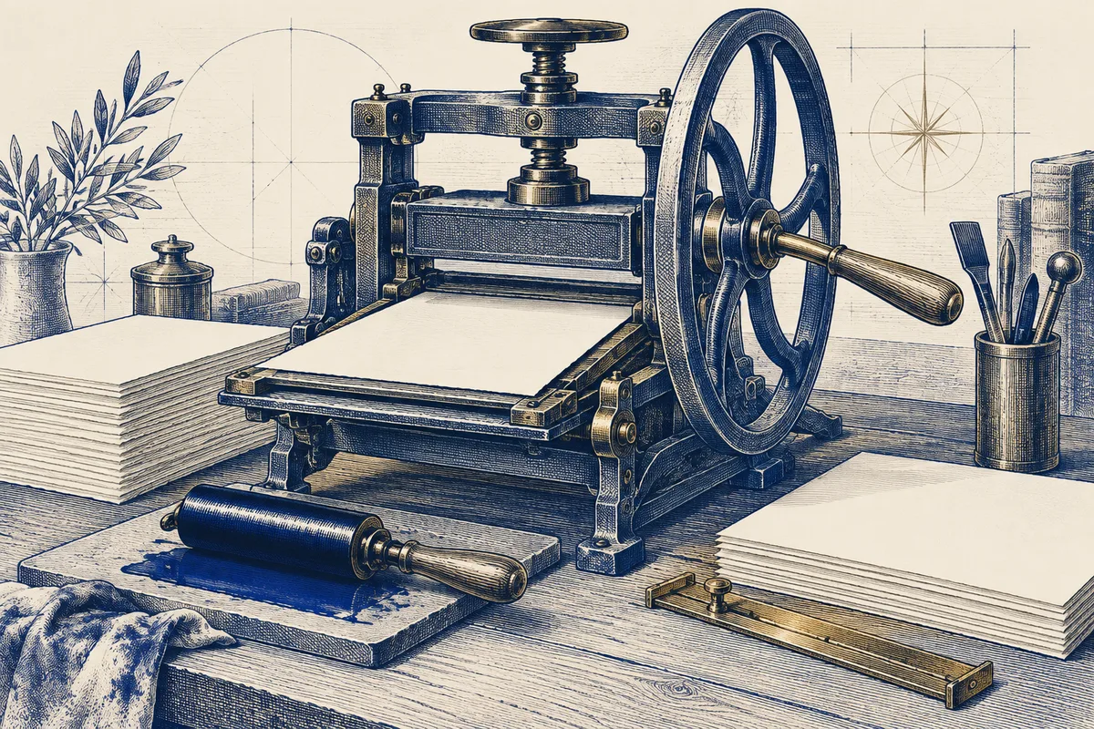 Uma prensa manual com folhas em gravura azul