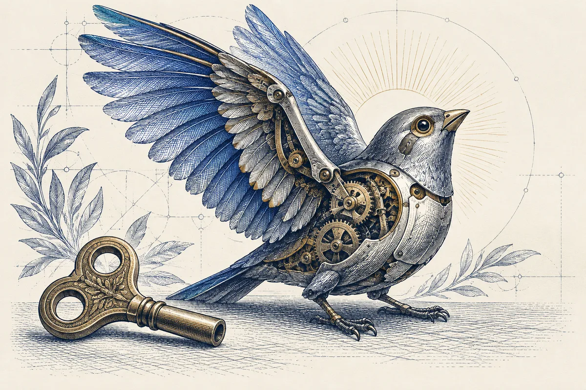 Pássaro mecânico e chave em gravura azul