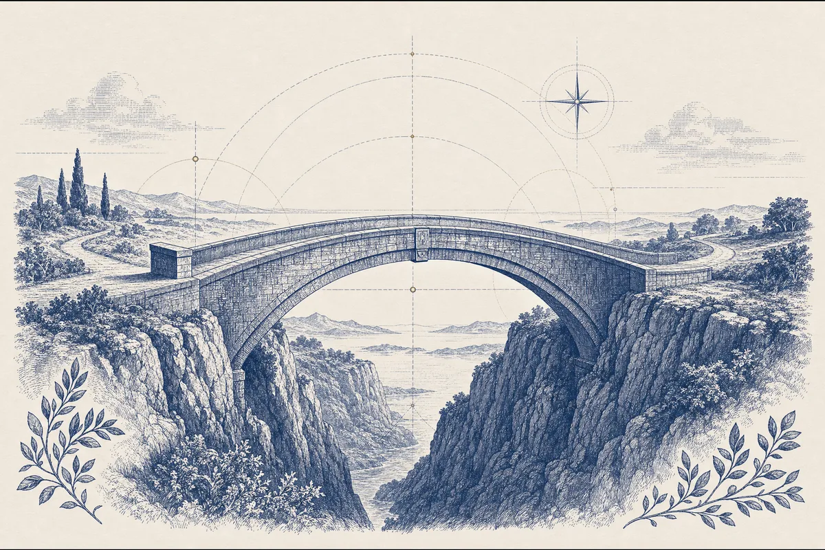 Ponte de pedra entre dois penhascos em gravura azul, representando a transição de carreira