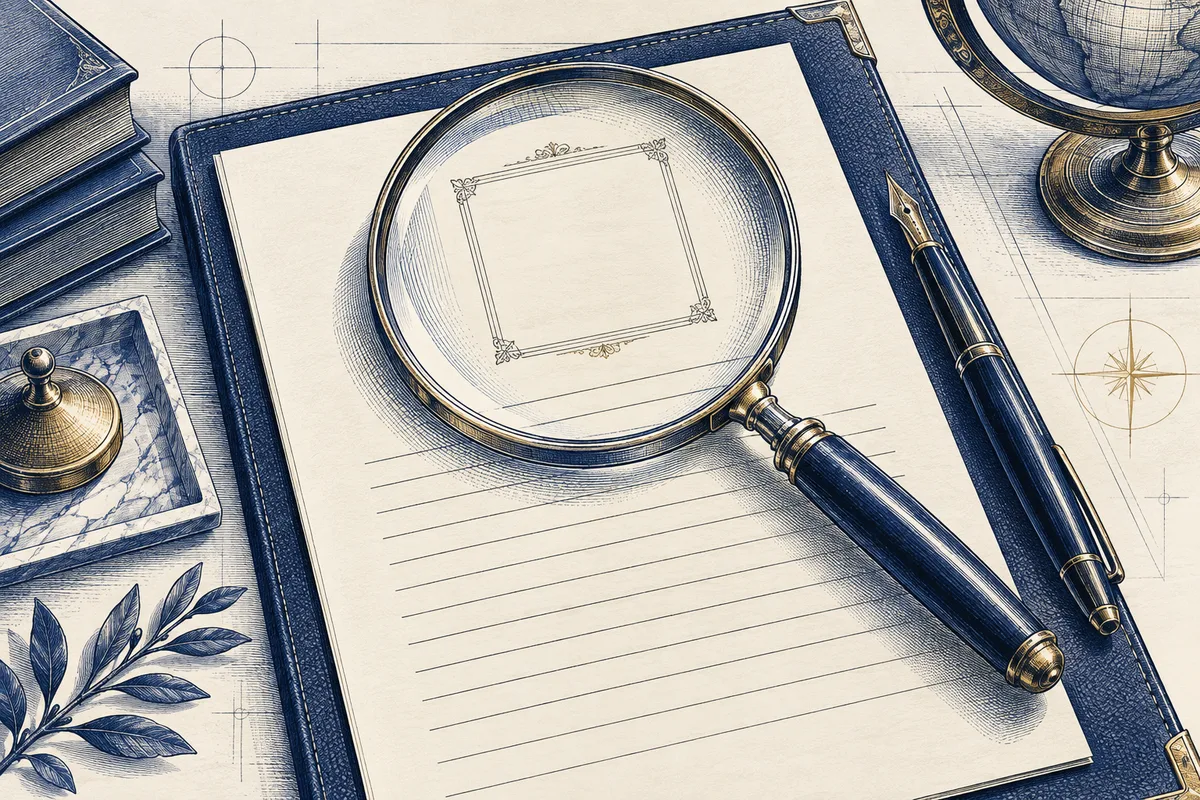 Lupa sobre um documento em gravura azul