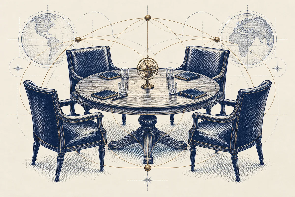 Uma mesa de reunião com conexões em gravura azul