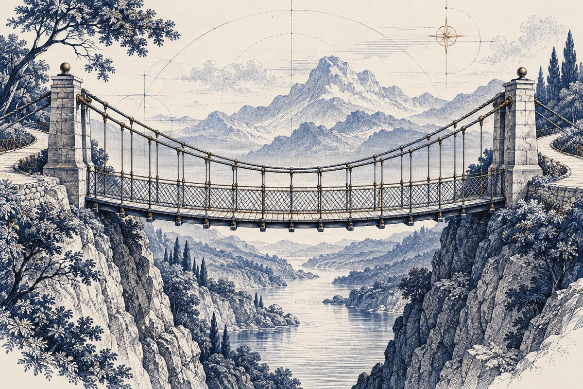 Uma ponte suspensa com caminhos em gravura azul
