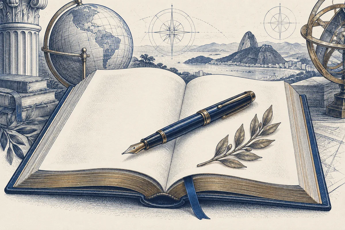 Livro aberto, caneta e ramo de louro em gravura azul