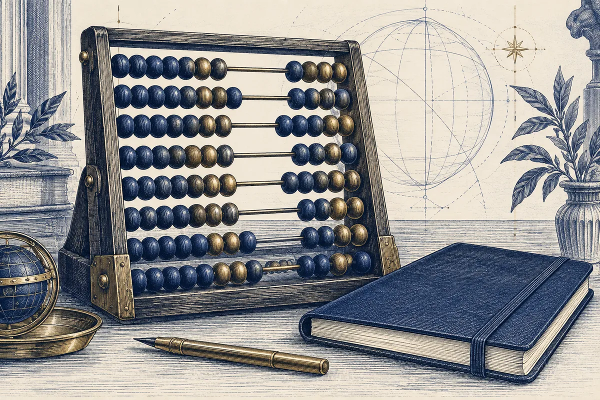 Ábaco e caderno em gravura azul