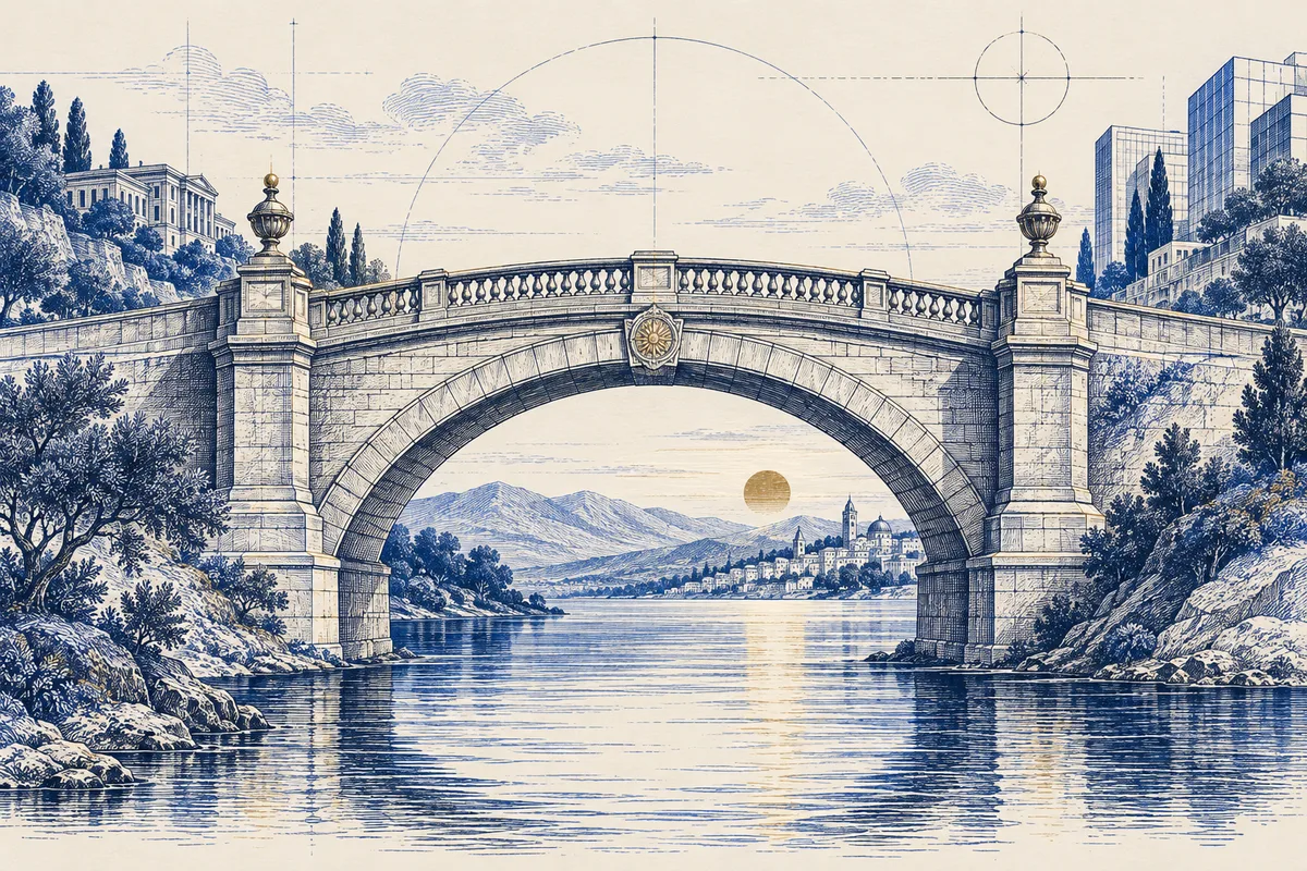 Ponte de pedra em gravura azul