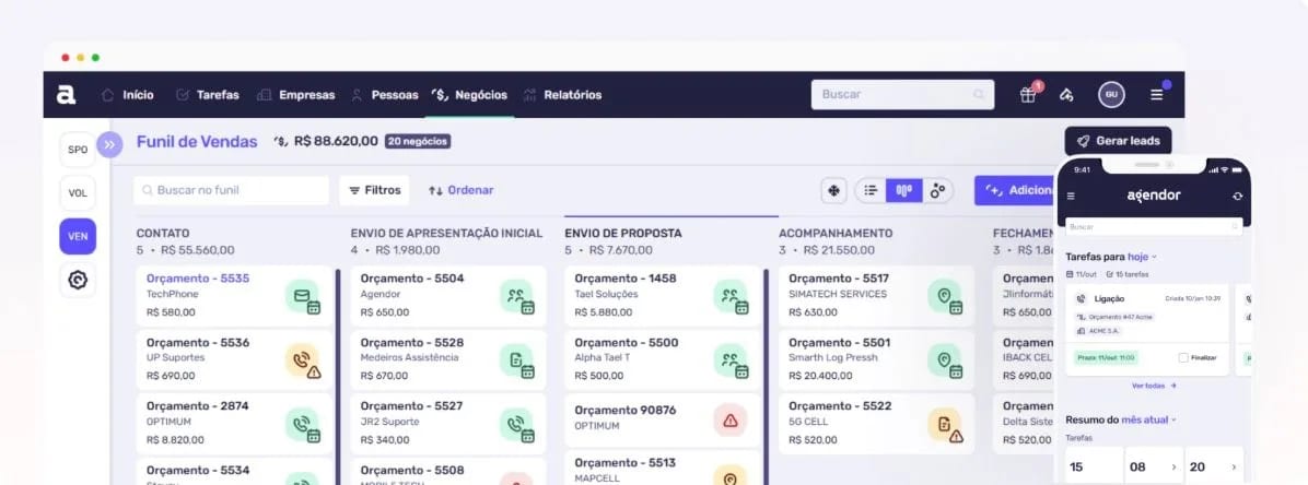 Tela do Agendor CRM com o funil de vendas organizado por etapa e o aplicativo móvel