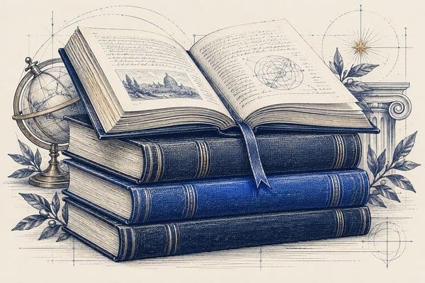 Livros e globo em gravura azul sobre fundo creme, representando pesquisa e conhecimento