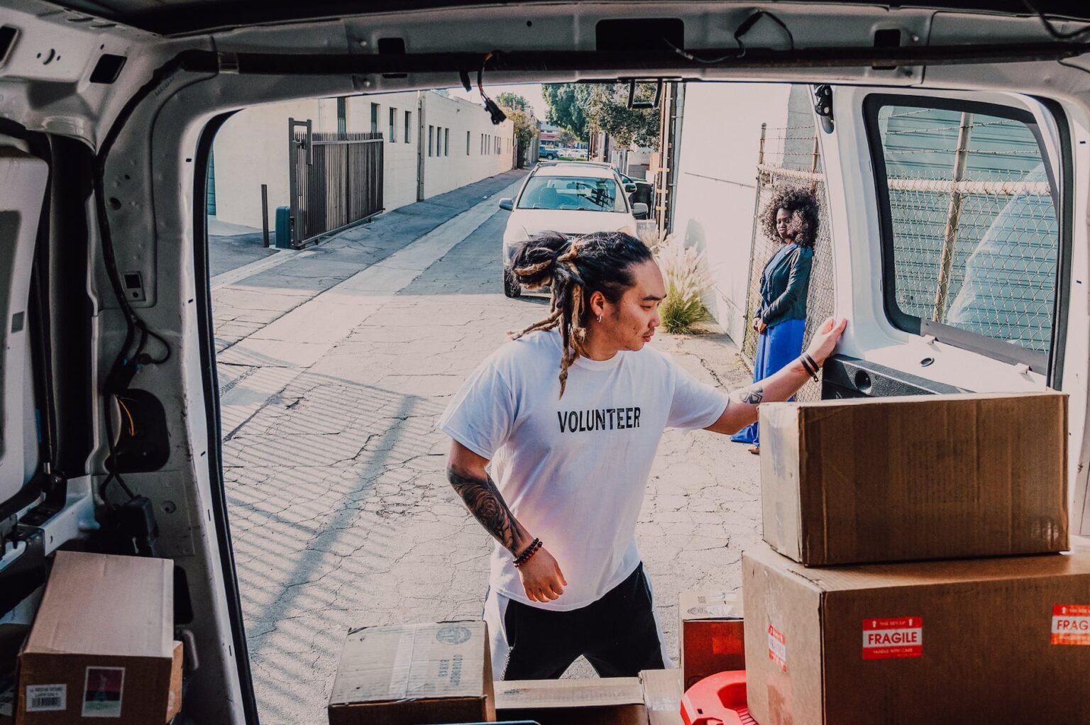 cardboard boxes inside the van